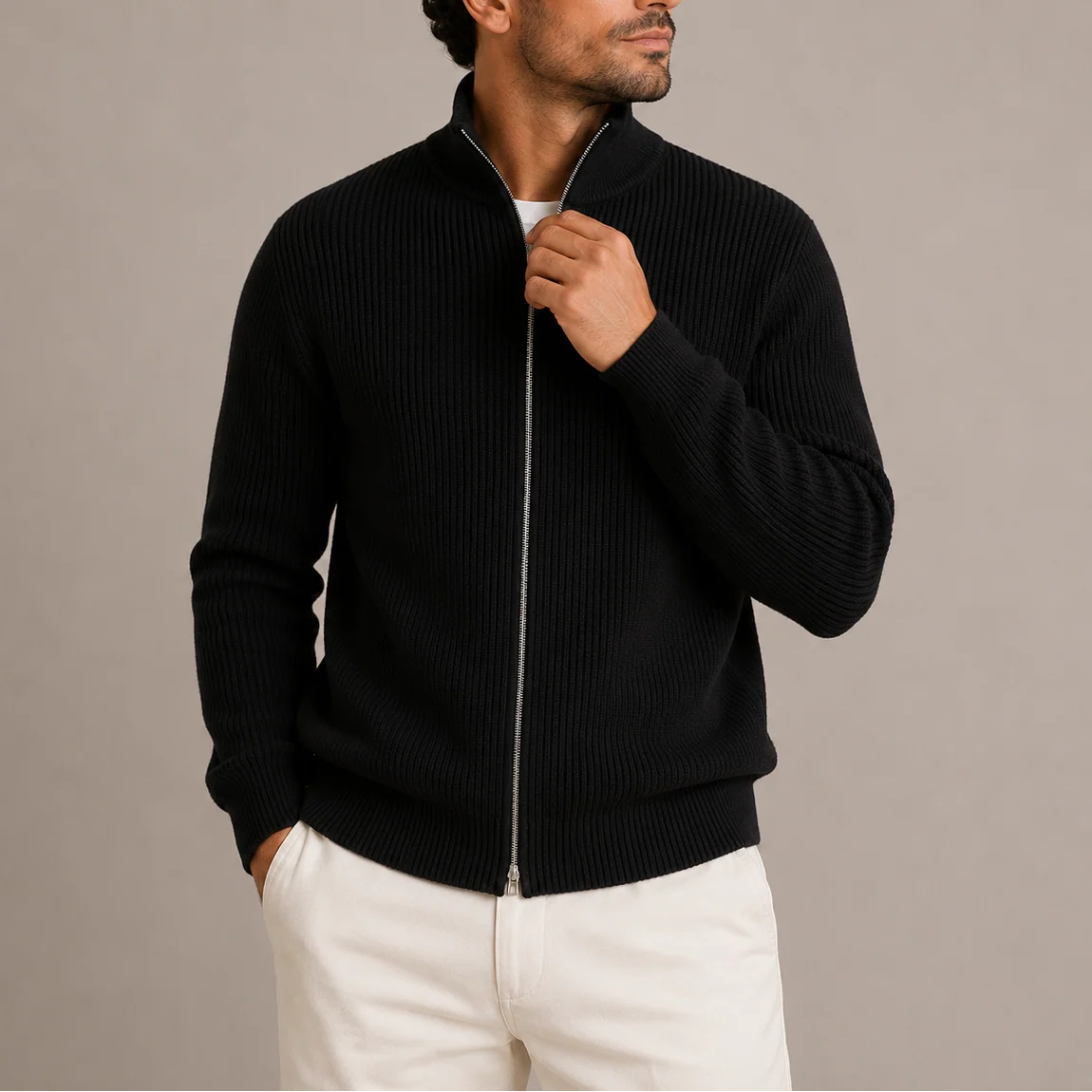 Side profile of men's ribbed zip-up cardigan displaying regular fit and ribbed texture