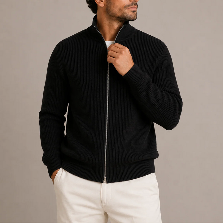 Side profile of men's ribbed zip-up cardigan displaying regular fit and ribbed texture