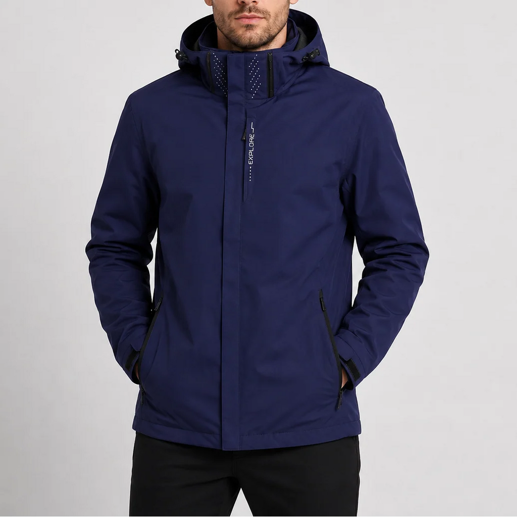 Men's hooded rain jacket in navy with full-zip closure and adjustable hood