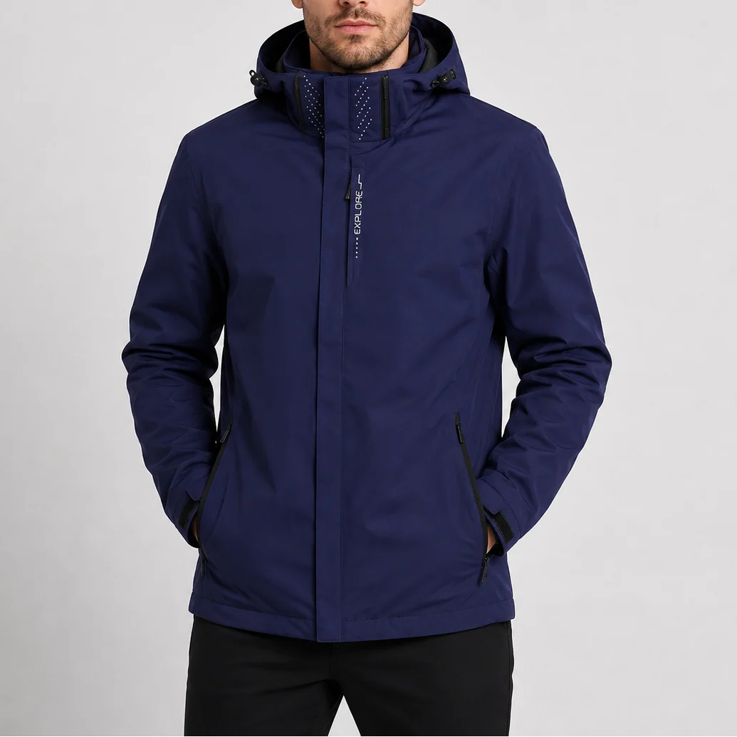 Men's hooded rain jacket in navy with full-zip closure and adjustable hood