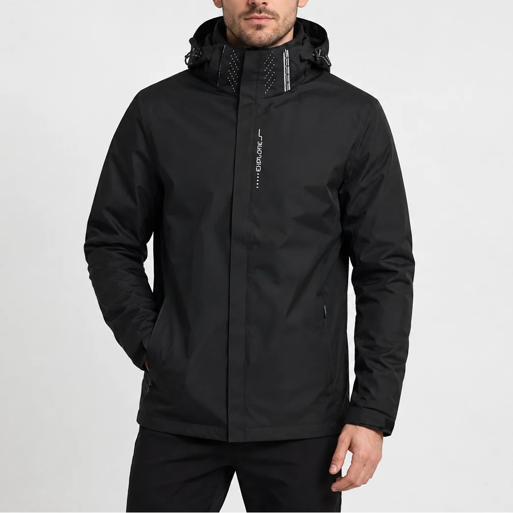 Front view of men's water-resistant jacket with secure zip pockets and high collar