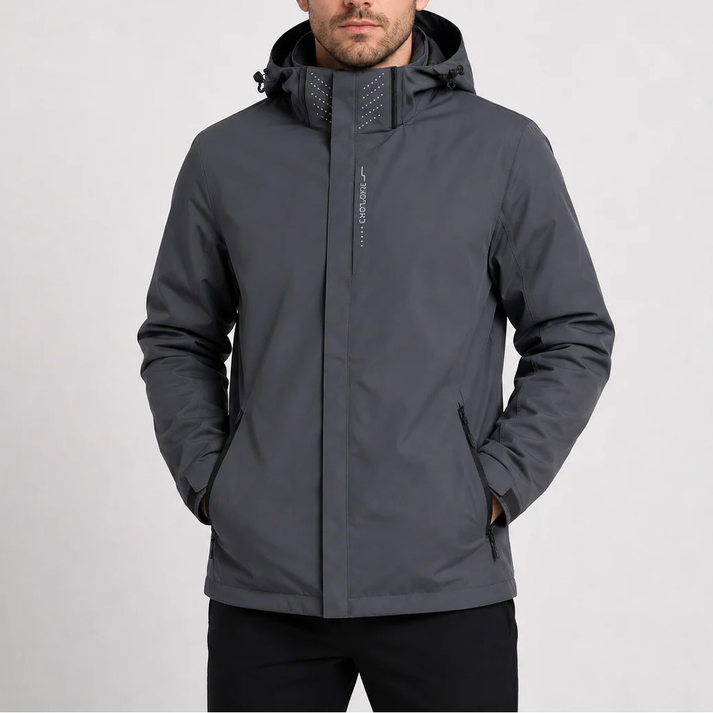 Close-up of adjustable hood detail on men's lightweight rain jacket