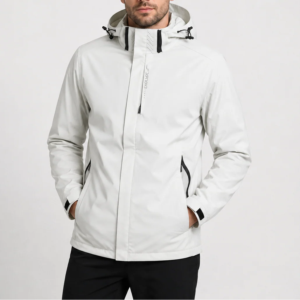 Side profile of men's outdoor jacket showing modern fit and structured design