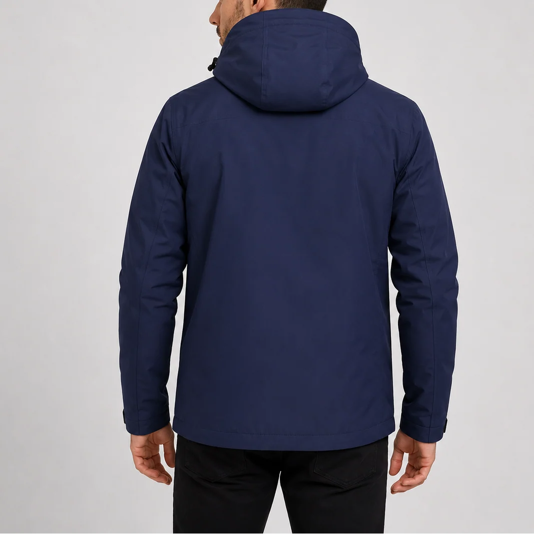 Detail of water-resistant fabric and zip closure on men's rain jacket