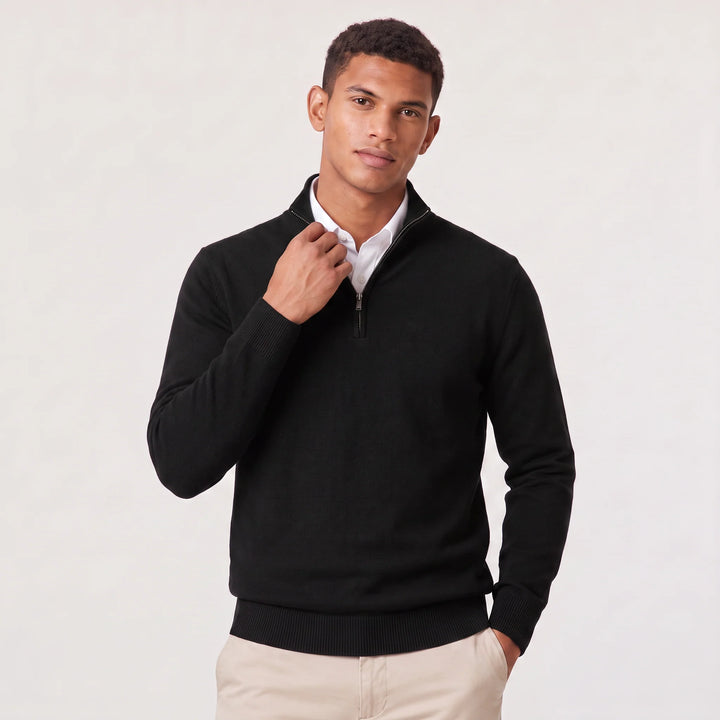 Men's white quarter-zip knit jumper showing ribbed detailing and quarter-zip closure