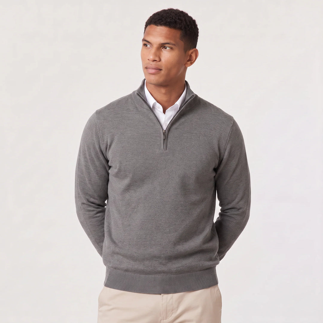 Men's light grey quarter-zip knit jumper displaying smooth knit fabric and stand collar