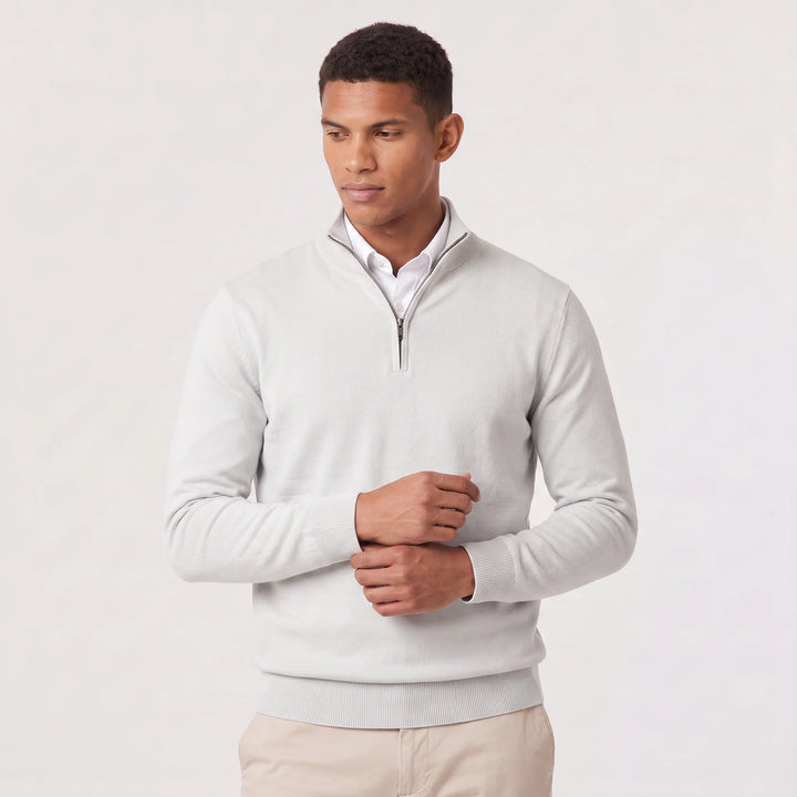 Flat lay of men's quarter-zip knit jumper showing stand collar and ribbed cuffs detail