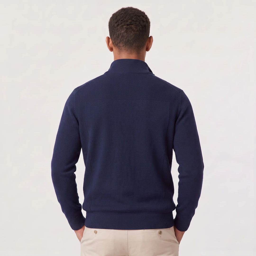 Close-up view of men's quarter-zip knit jumper showing stand collar and contrast zip detailing