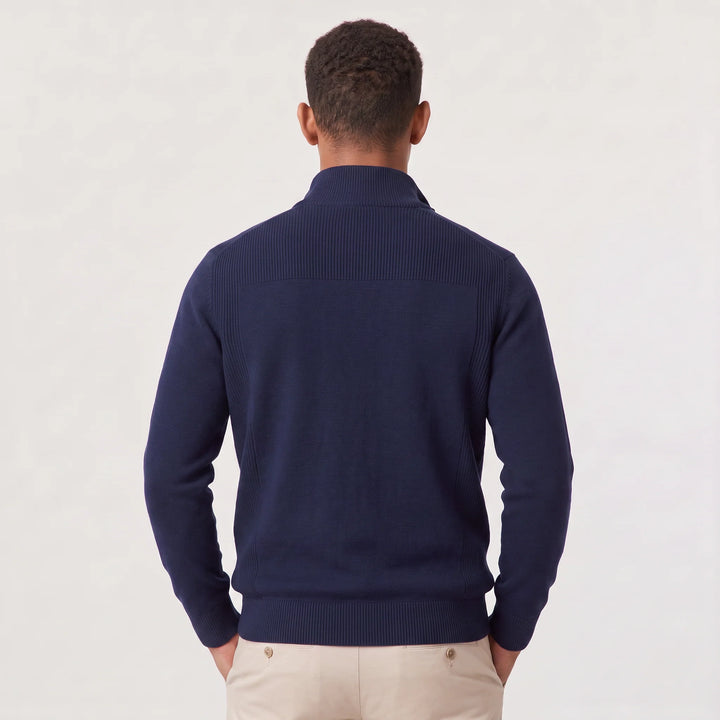 Close-up view of men's quarter-zip knit jumper showing stand collar and contrast zip detailing