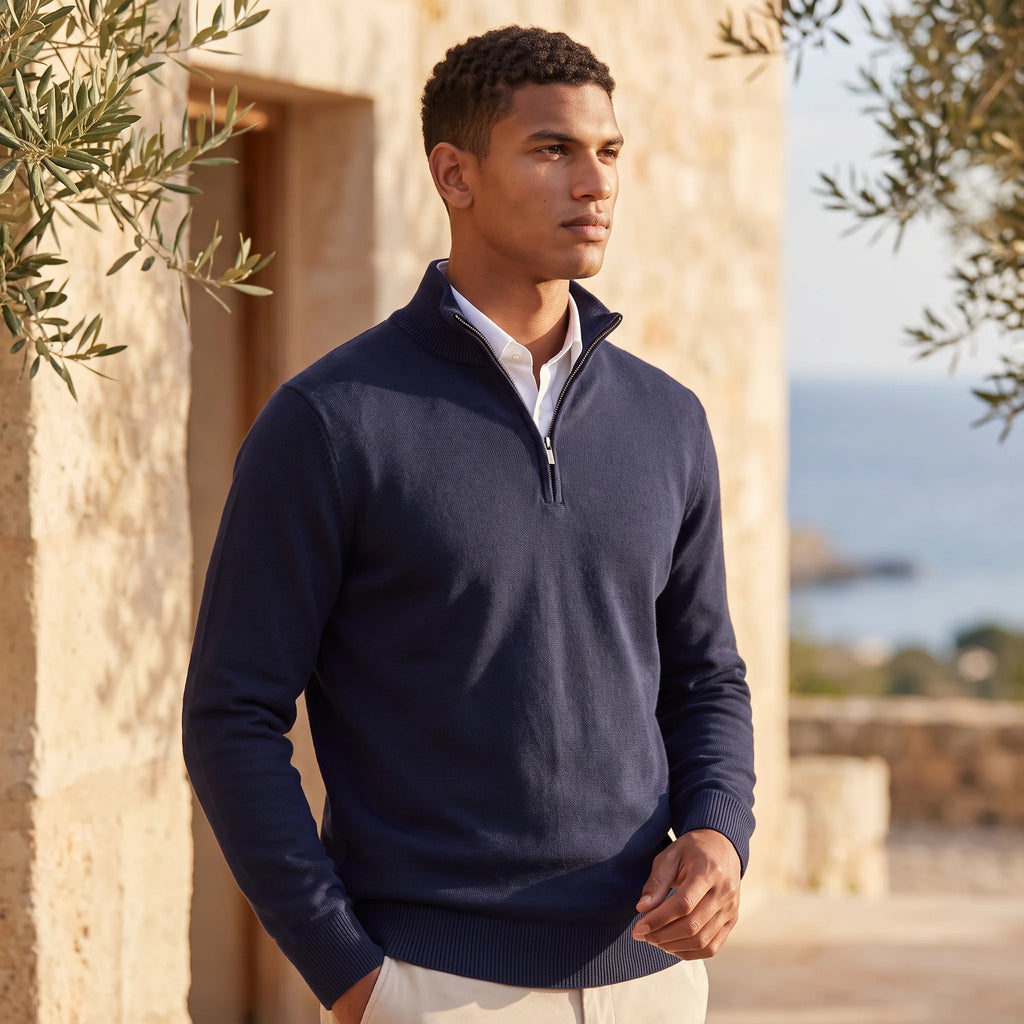Men's quarter-zip knit jumper in beige showcasing structured knit fabric and stand collar design