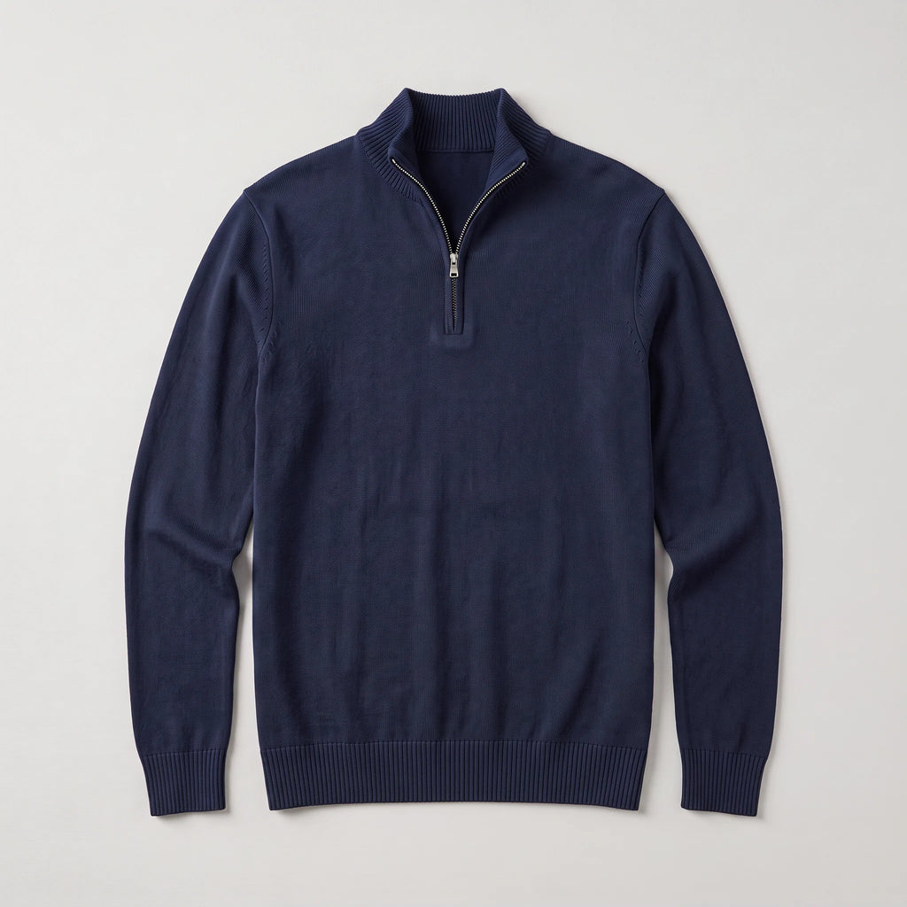 Men's quarter-zip knit jumper in burgundy displaying smooth knit finish and ribbed cuffs