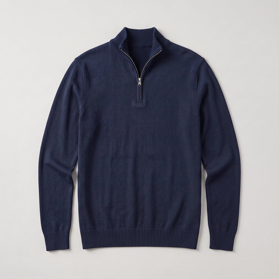 Men's quarter-zip knit jumper in burgundy displaying smooth knit finish and ribbed cuffs