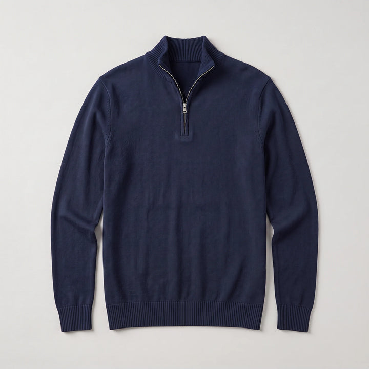 Men's quarter-zip knit jumper in burgundy displaying smooth knit finish and ribbed cuffs