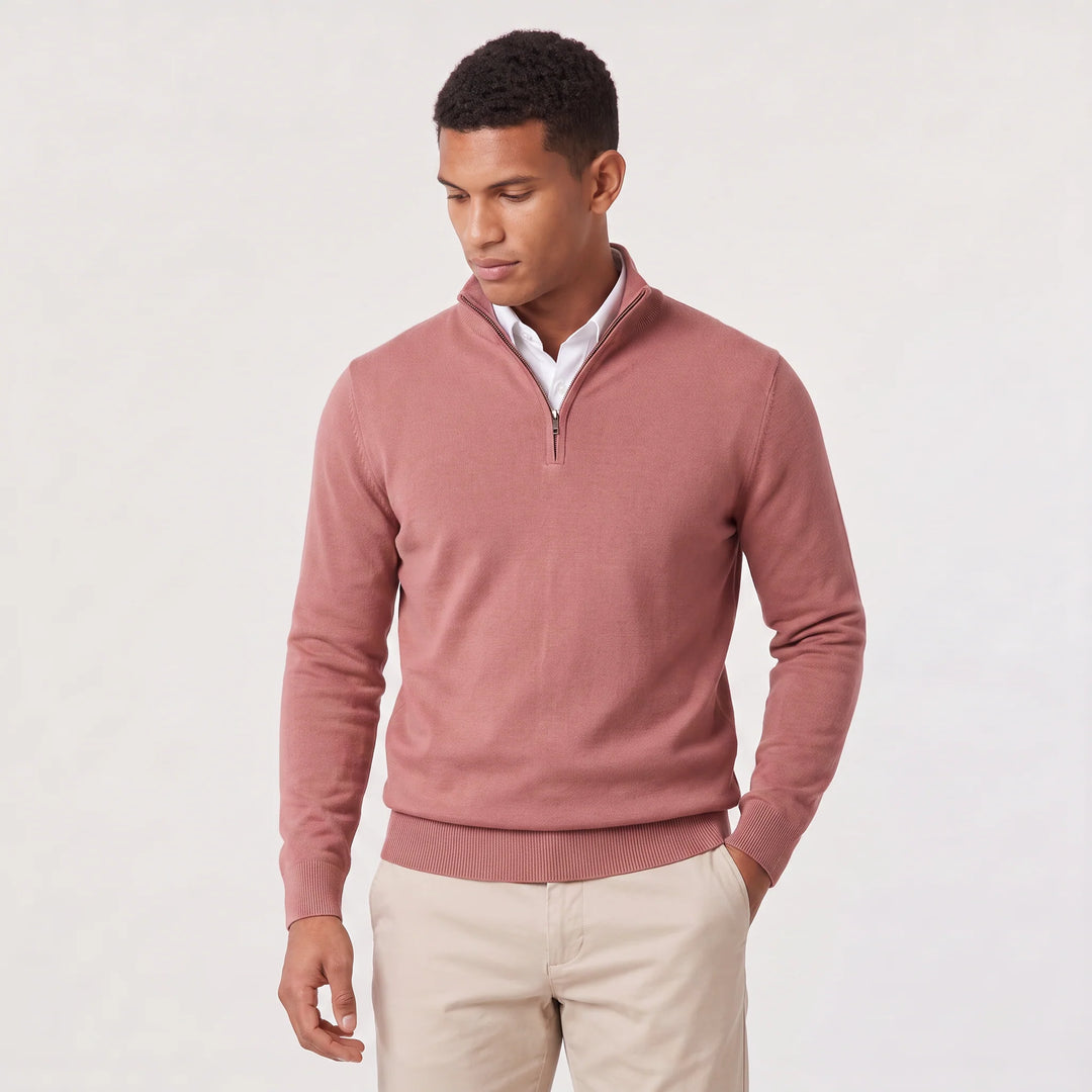 Back view of men's quarter-zip knit jumper showing regular fit and ribbed waistband