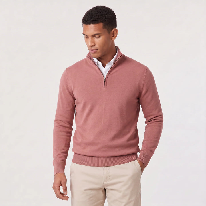 Back view of men's quarter-zip knit jumper showing regular fit and ribbed waistband