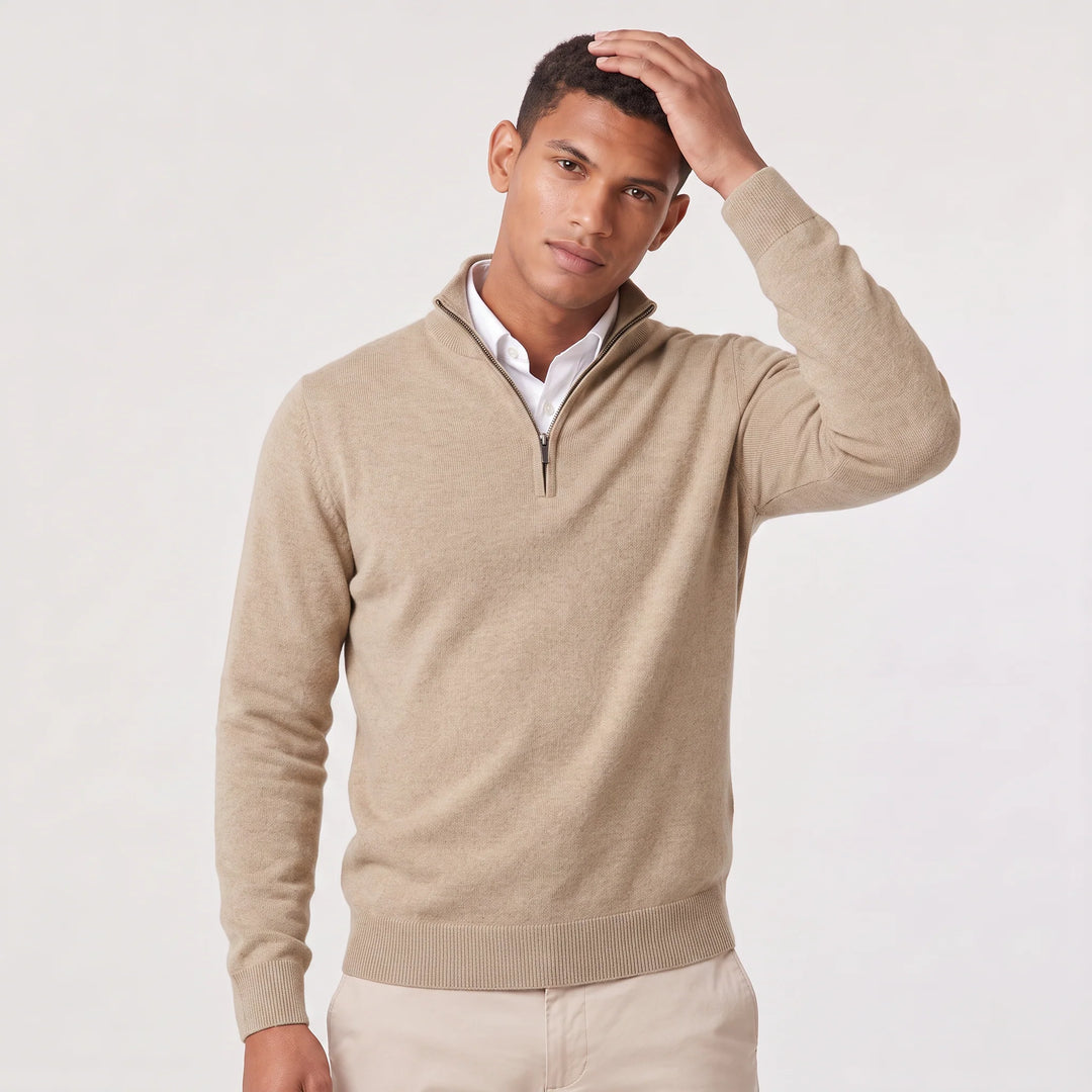 Men's black quarter-zip knit jumper with stand collar and structured knit construction
