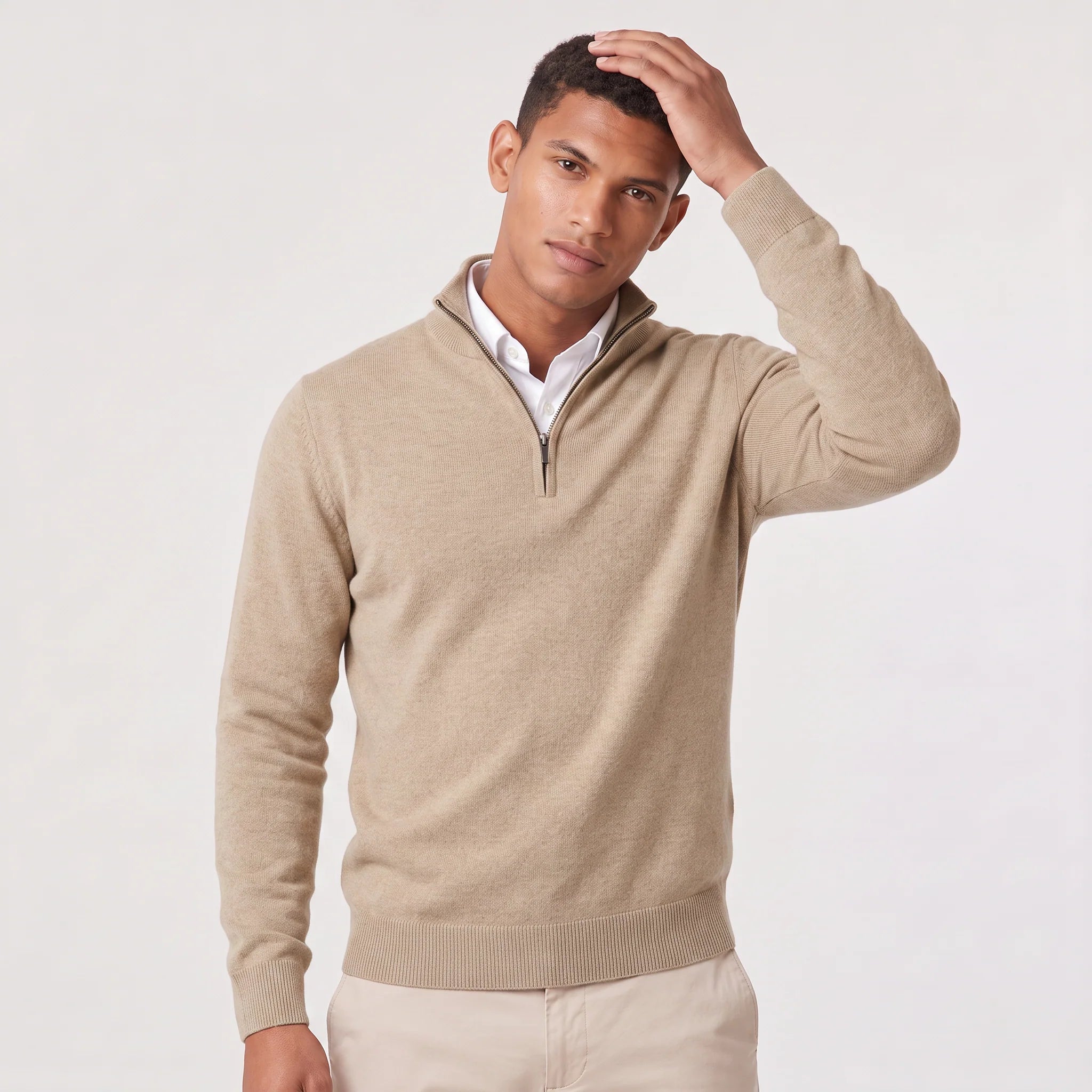 Men's black quarter-zip knit jumper with stand collar and structured knit construction