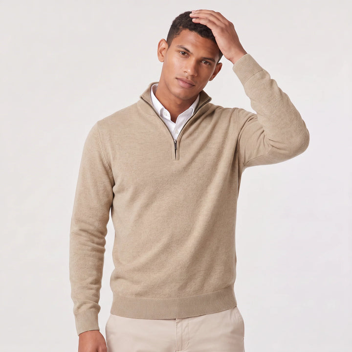 Men's black quarter-zip knit jumper with stand collar and structured knit construction