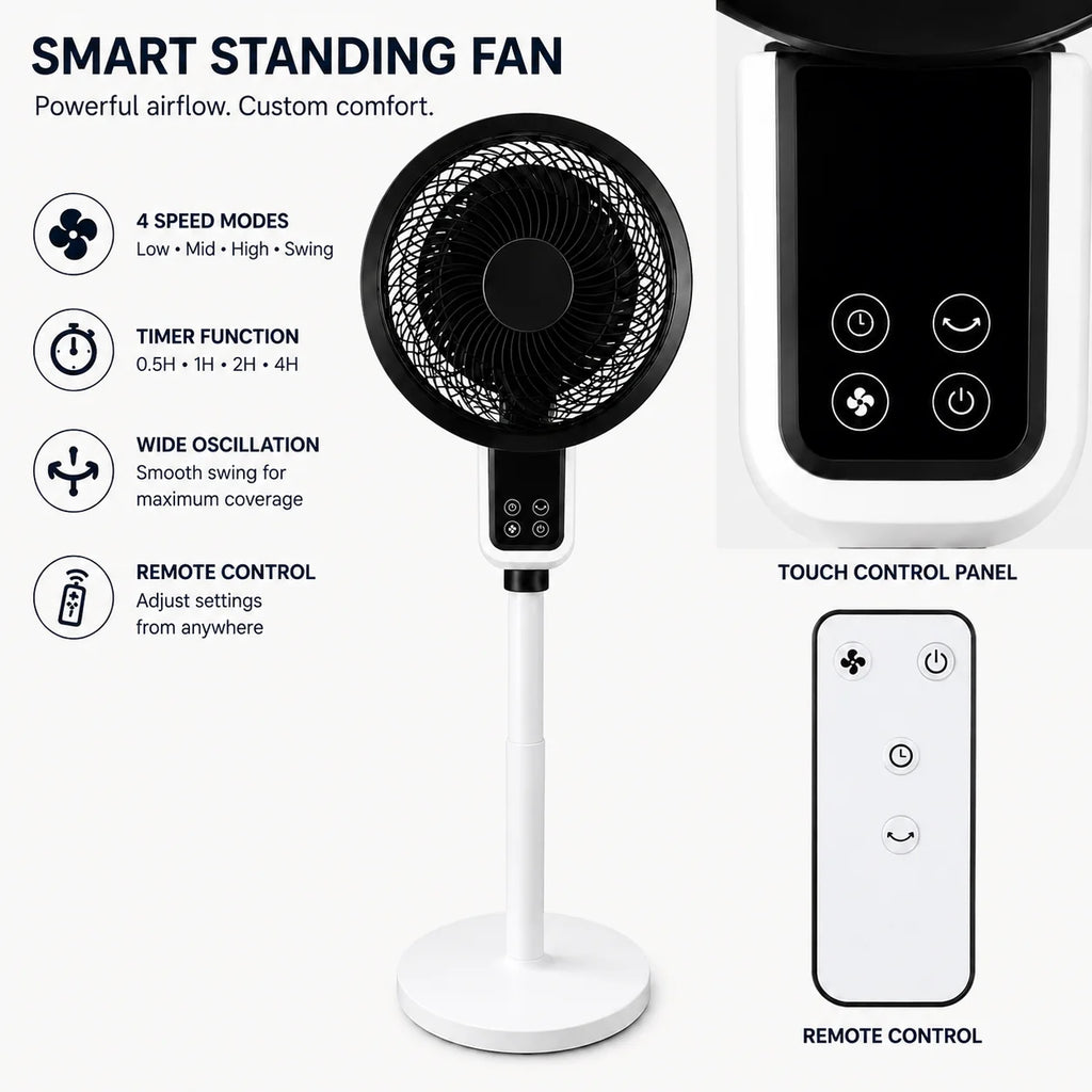 Standing fan with remote control featuring touch panel, four speed modes, timer function, and wide oscillation for home use
