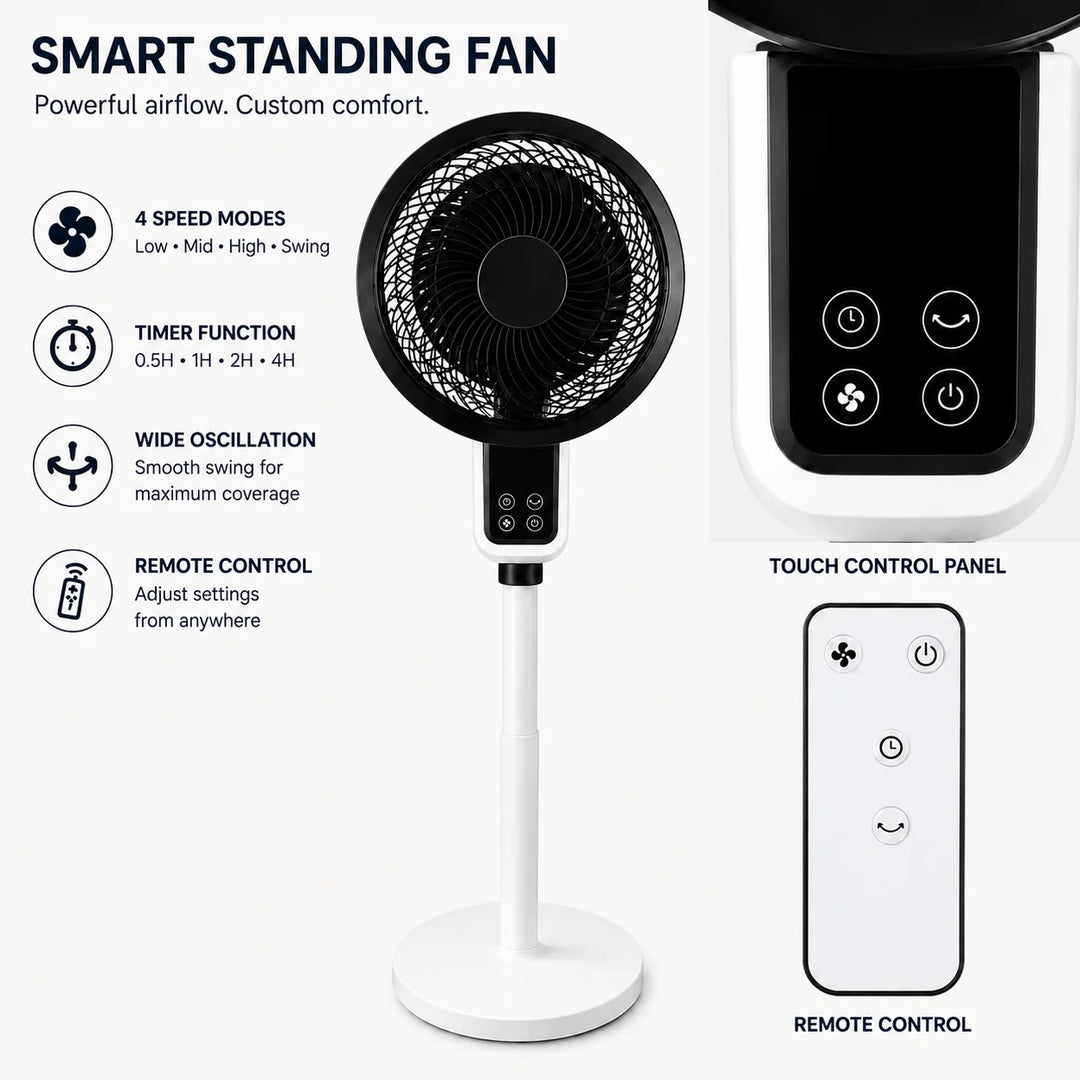 Standing fan with remote control featuring touch panel, four speed modes, timer function, and wide oscillation for home use