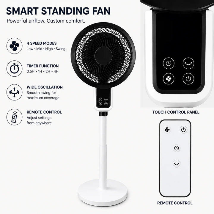 Standing fan with remote control featuring touch panel, four speed modes, timer function, and wide oscillation for home use