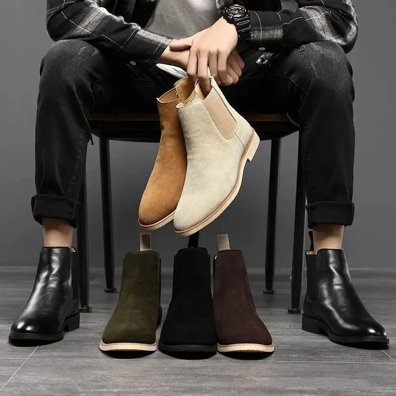 Men's Chelsea boots styled on foot with casual trousers for smart-casual look