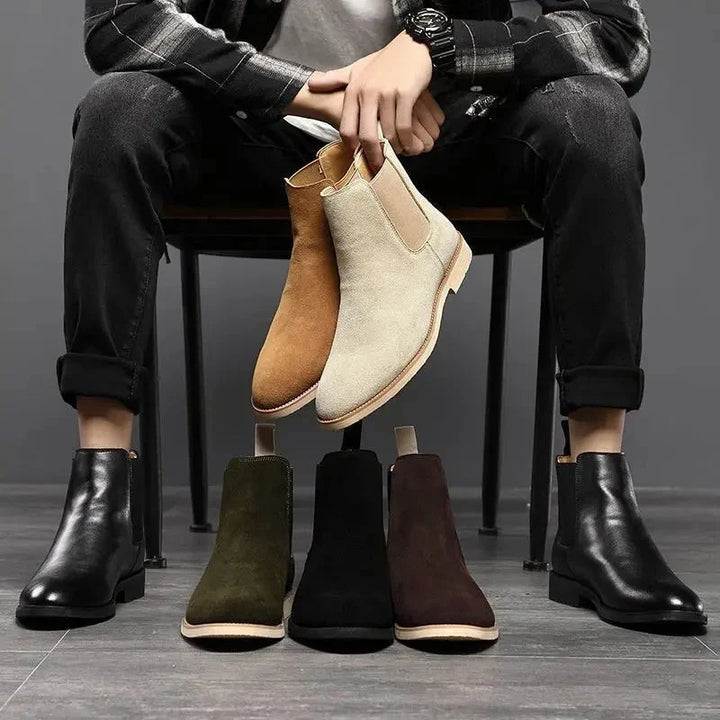 Men's Chelsea boots styled on foot with casual trousers for smart-casual look