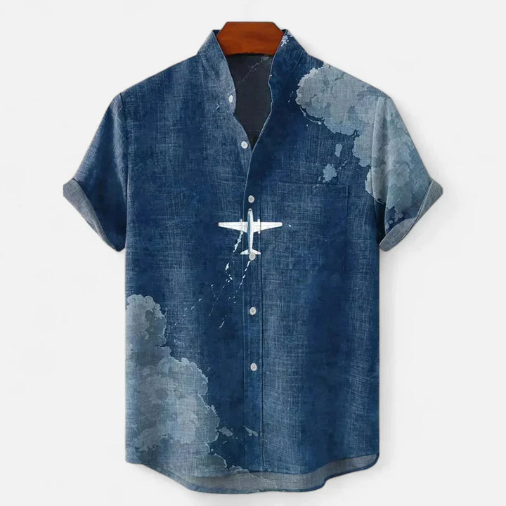 Men's short sleeve shirt showing drape and fabric movement in colour block design