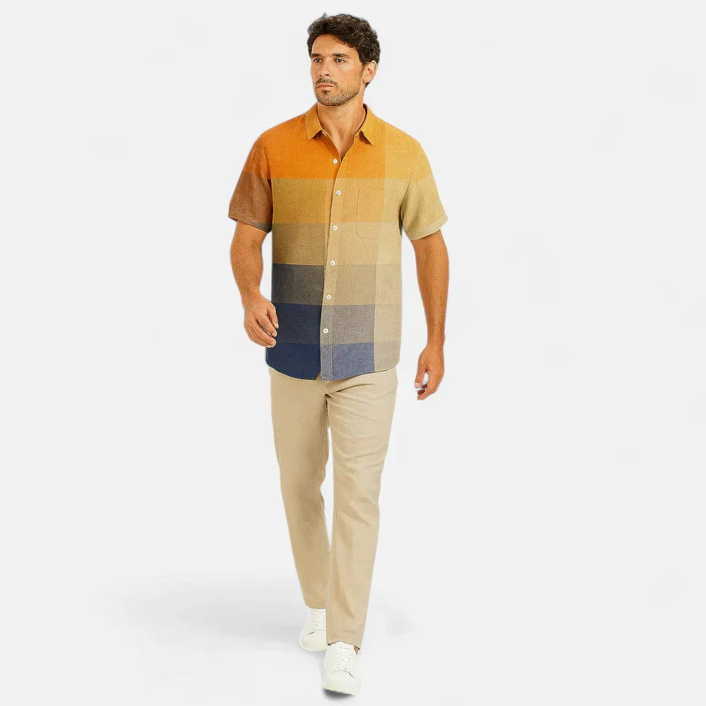 Full front view of men's colour block shirt with button-through styling