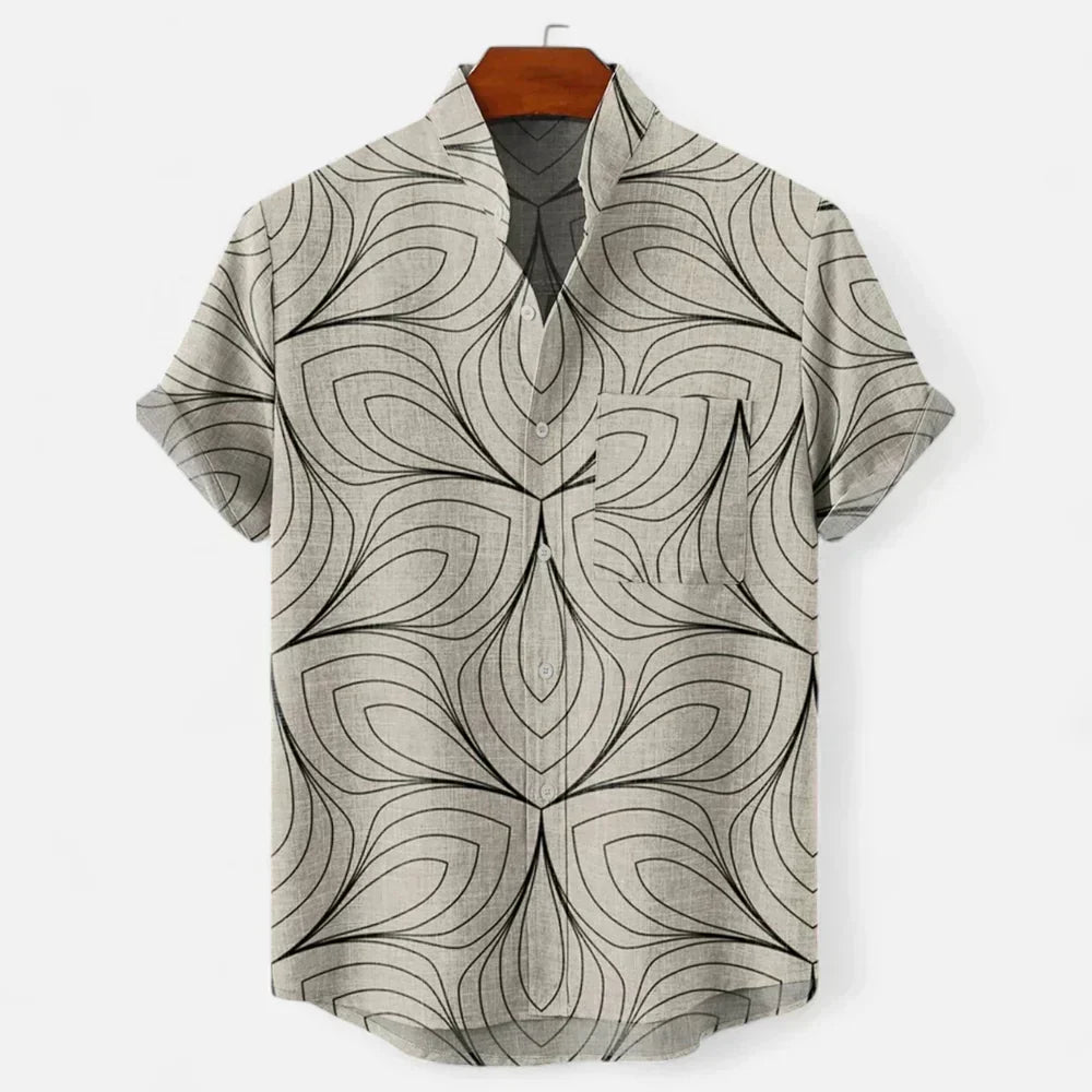 Close-up of men's colour block shirt showing woven fabric texture and button detail