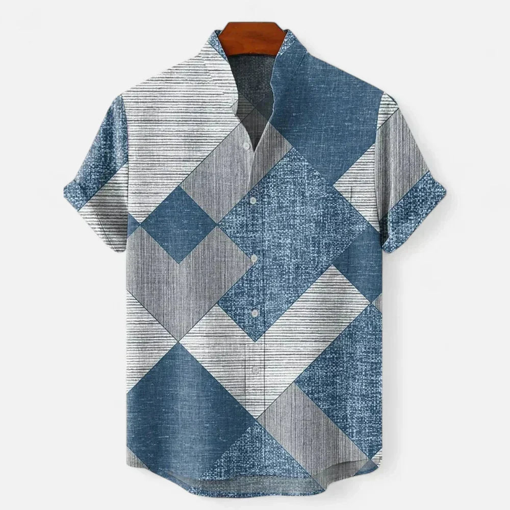 Side view of men's casual shirt showing turned cuffs and relaxed silhouette