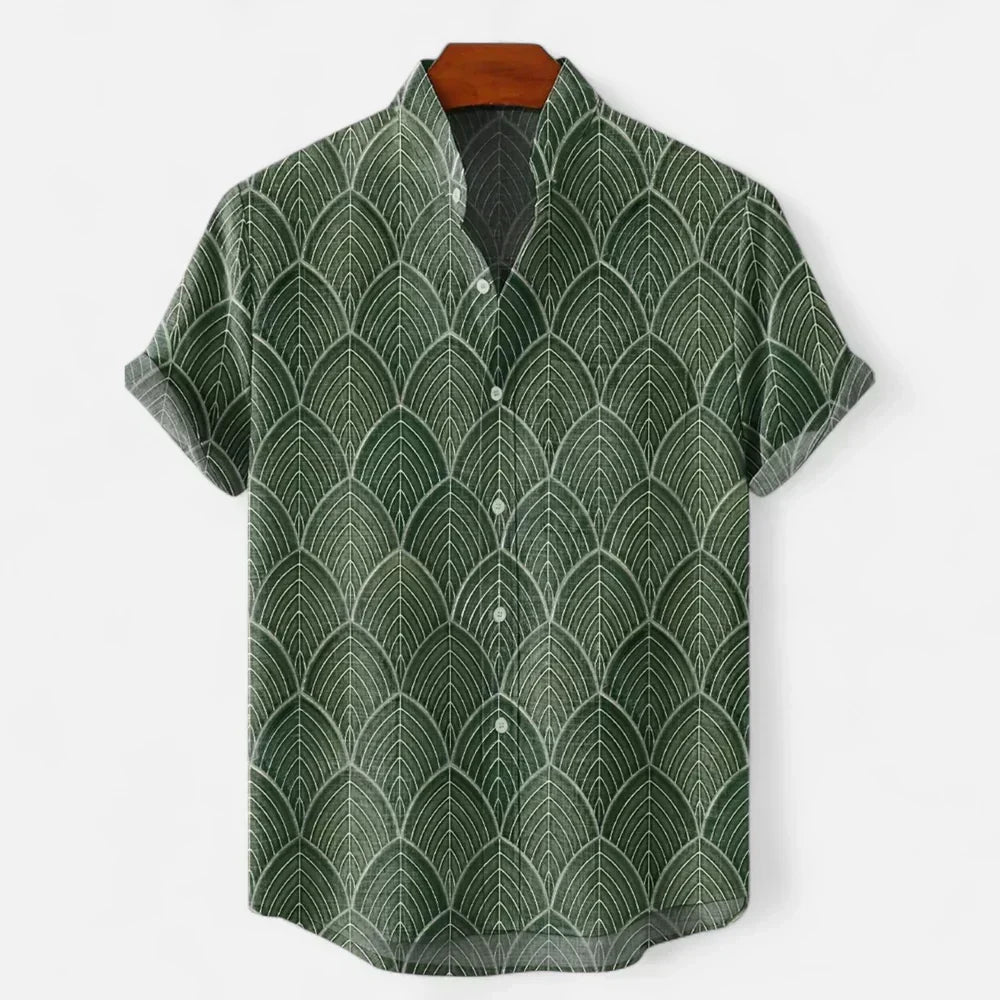 Men's summer shirt with warm orange and cool navy colour blocking on model