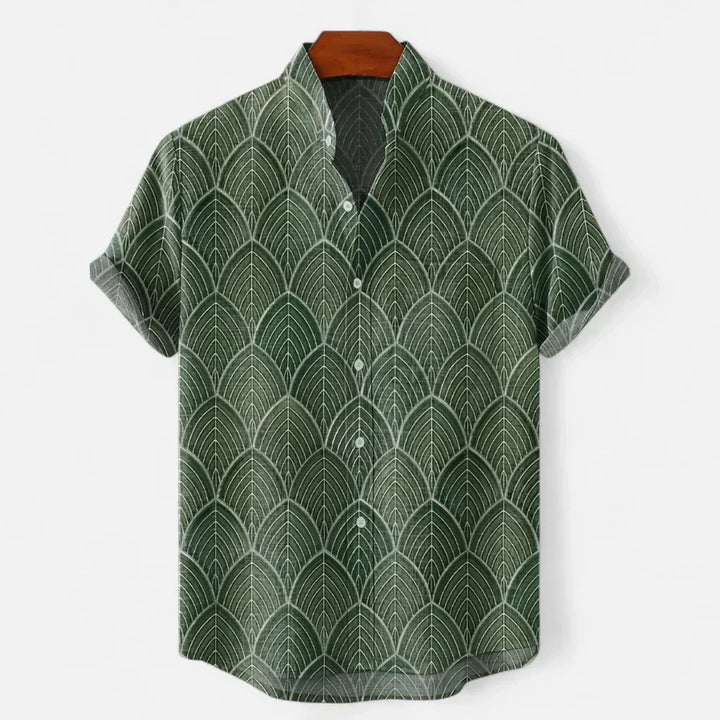 Men's summer shirt with warm orange and cool navy colour blocking on model