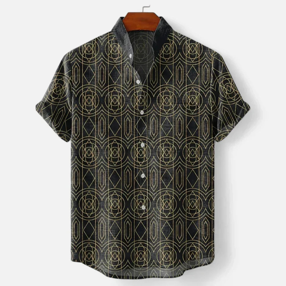 Back view of men's colour block short sleeve shirt showing relaxed fit