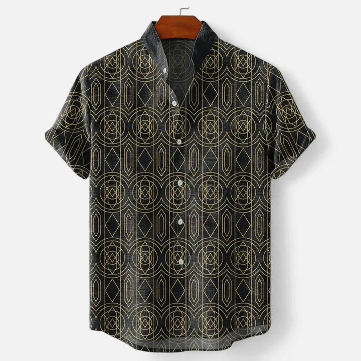 Back view of men's colour block short sleeve shirt showing relaxed fit