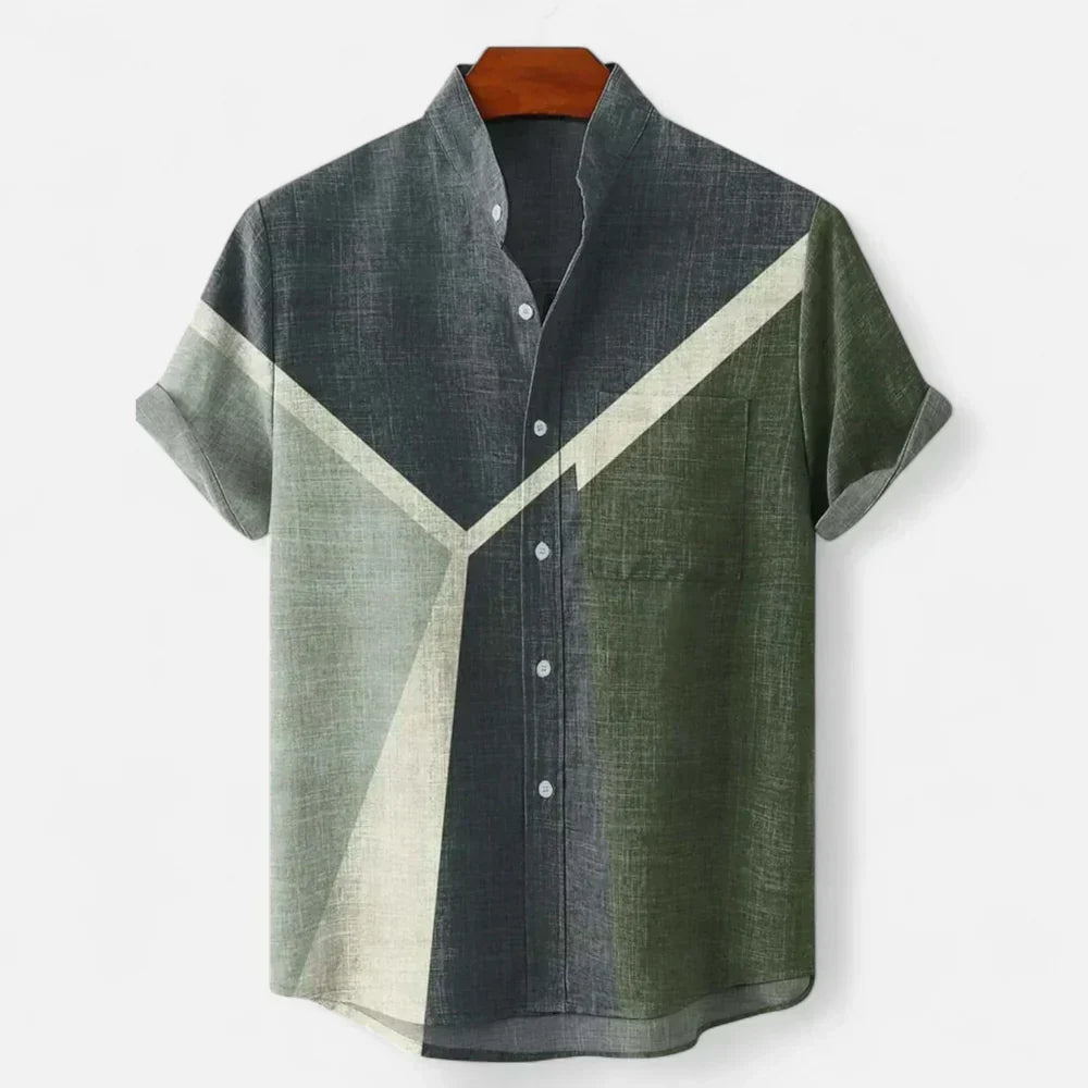 Close-up of chest pocket detail on men's colour block shirt