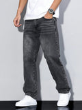 Men's straight leg jeans in washed grey denim with relaxed fit and classic five-pocket styling