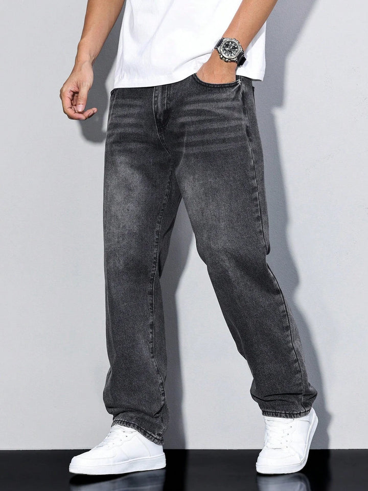 Men's straight leg jeans in washed grey denim with relaxed fit and classic five-pocket styling