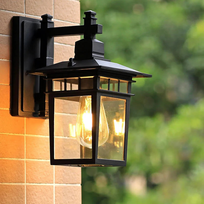Top view of outdoor lantern wall light showing roof detail and construction