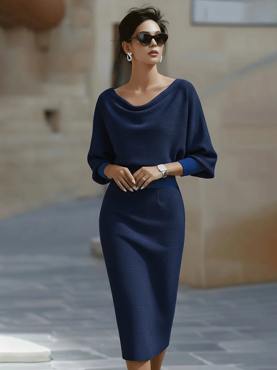 Full silhouette of cowl neck midi dress showing relaxed fit and knee-length hem