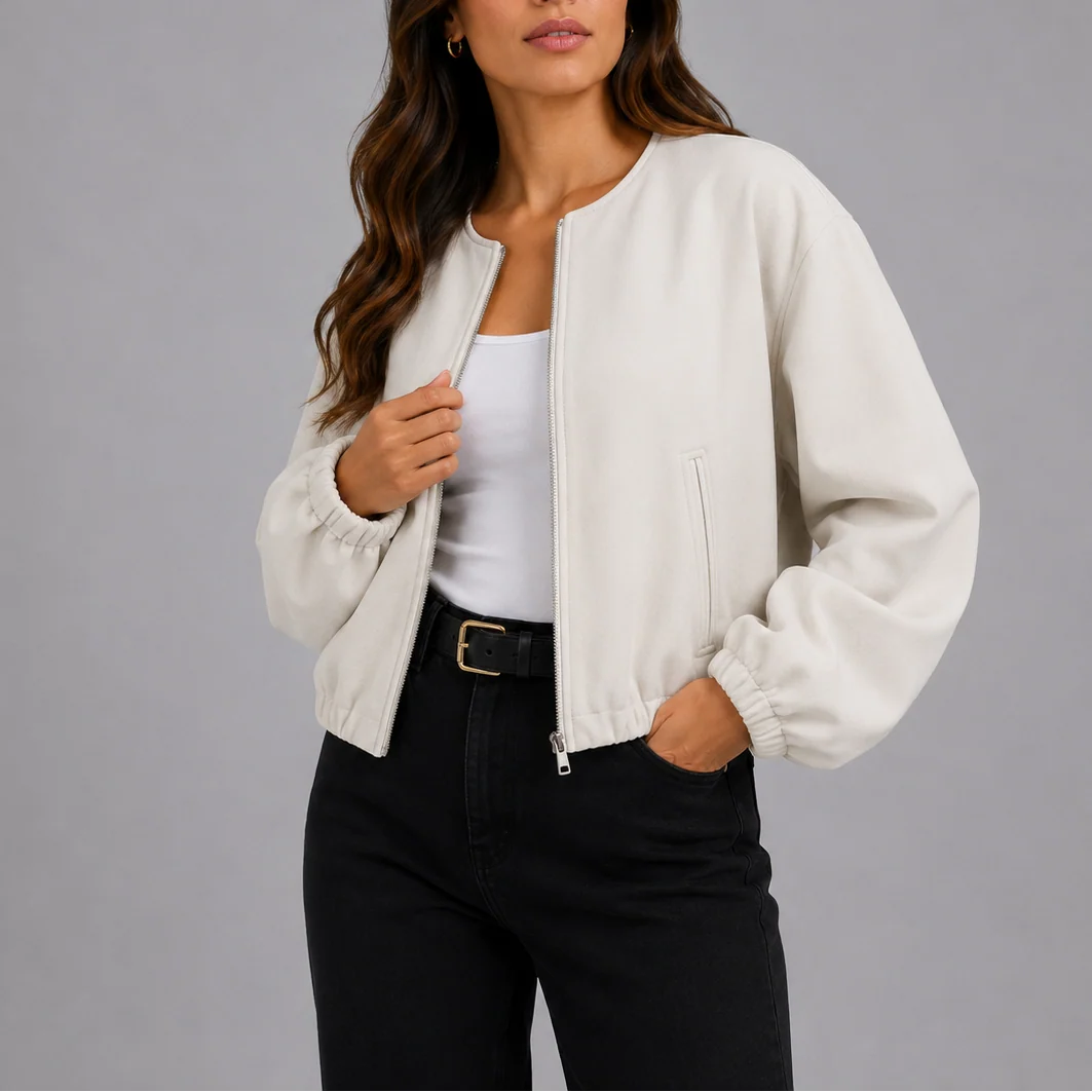 Side view of cropped bomber jacket with zip pocket and gathered hem elastic styling