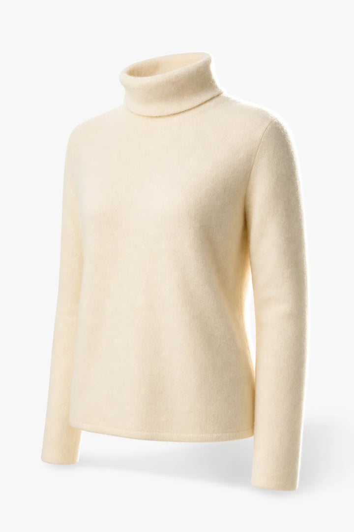 Detail shot of the turtleneck collar fold and smooth fabric texture on a women's cashmere jumper