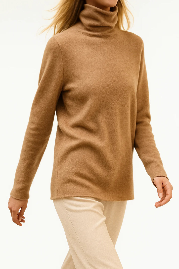Close view of the ribbed hem and cuff details on a taupe cashmere turtleneck jumper for women