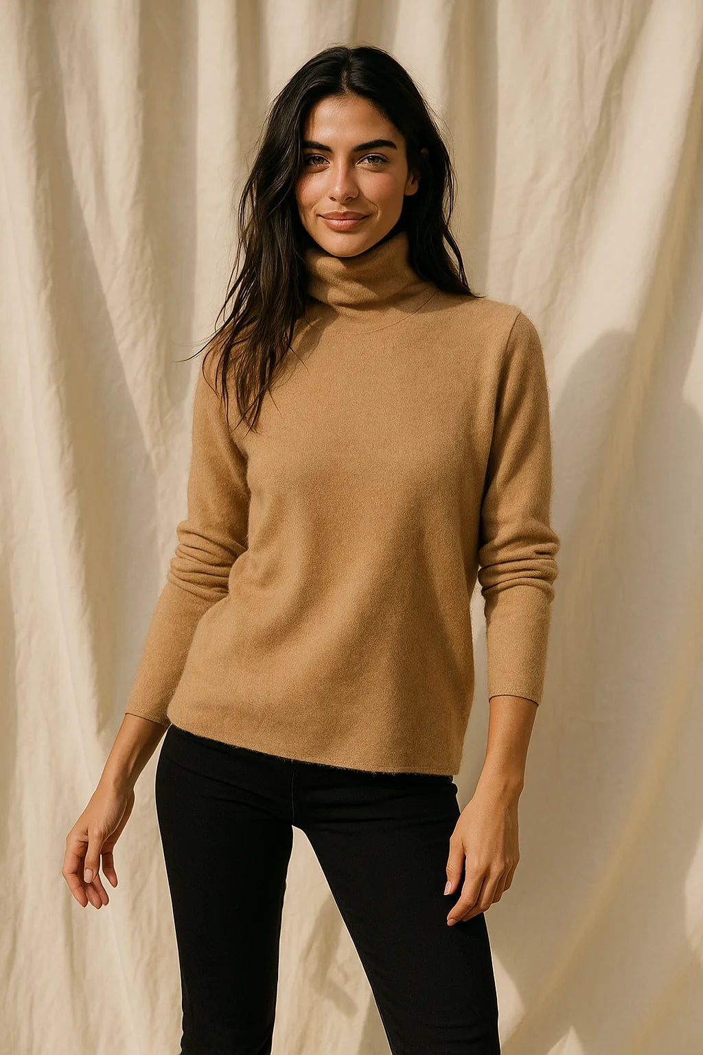 Detail of shoulder and sleeve construction on a taupe cashmere turtleneck with a soft finish