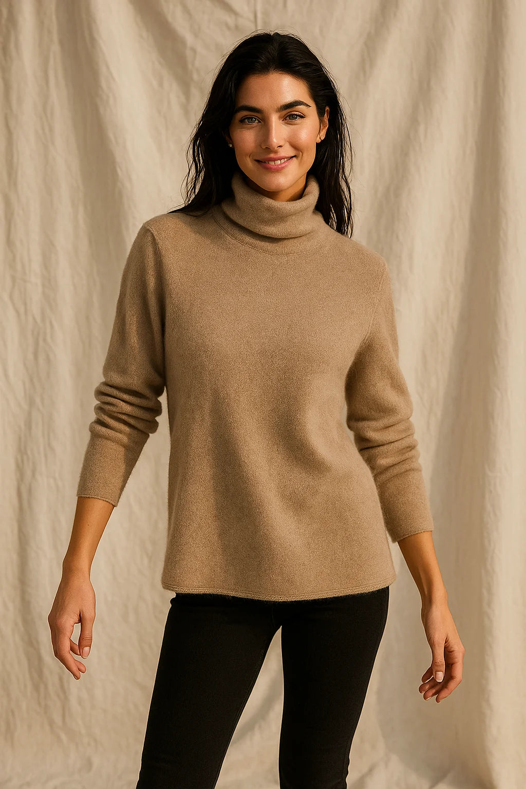Detail of the smooth fabric texture and ribbed hem on a women's cashmere turtleneck jumper