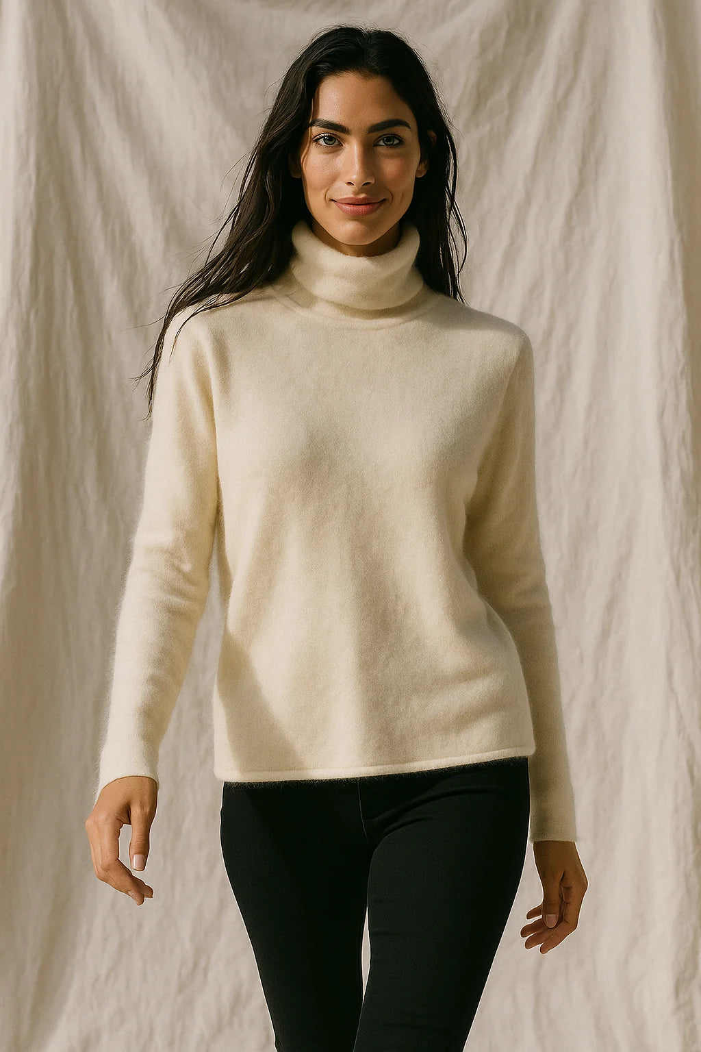 Back view of a cashmere turtleneck jumper showing the relaxed fit and structured ribbed hem
