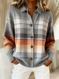 Women's checked knit cardigan with button-through front, classic collar, and grey and orange tones in a relaxed fit