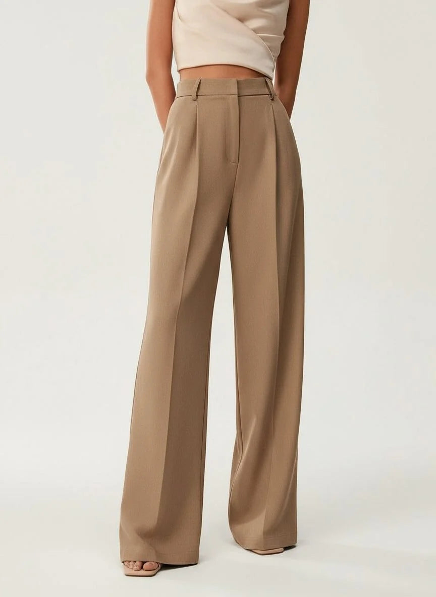 Women's high waist wide leg trousers in camel with tailored finish and structured silhouette shown from back