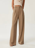 Women's high waist wide leg trousers in camel with tailored finish and structured silhouette shown from back