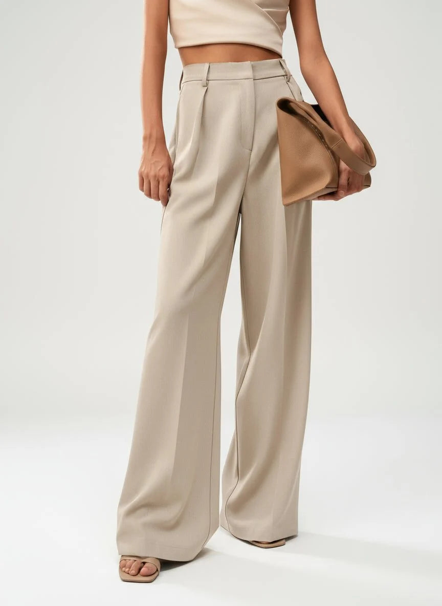 Camel wide leg trousers with high waistband and structured silhouette for smart casual occasions